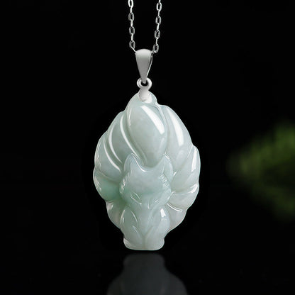 Mythstone 925 Sterling Silver Natural Jade Nine Tailed Fox Prosperity Necklace Pendant