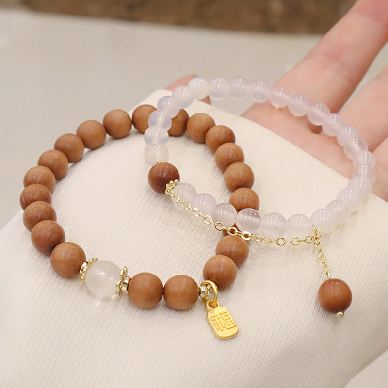 Mythstone Sandalwood Cat's Eye Fu Character Charm Protection Bracelet