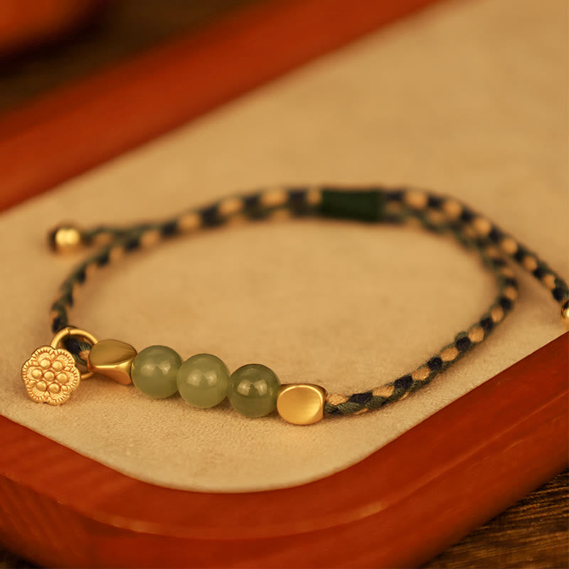 Mythstone Handcrafted Hetian Jade Lotus Charm Luck Braided Bracelet