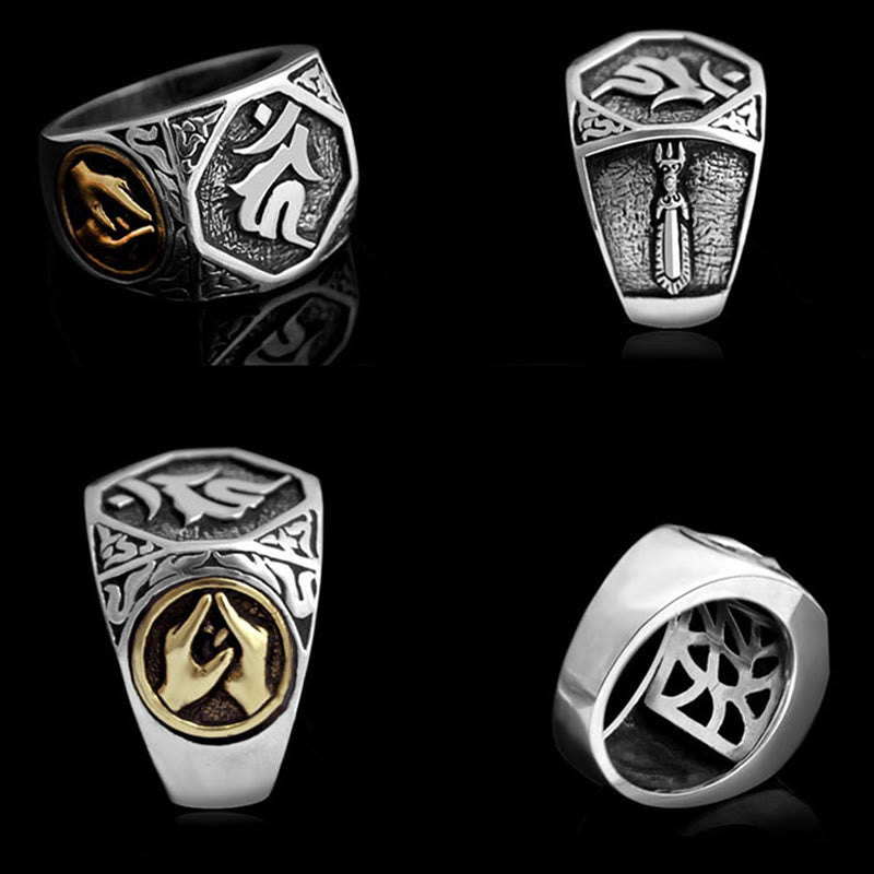 Anillo ajustable de protección tallado con diseño sánscrito en plata de ley 925 Mythstone