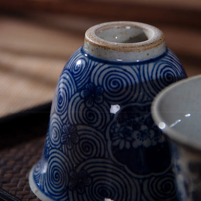 Mythstone Jingdezhen Blue and White Porcelain Hand Painted Lotus Plum Blossom Ceramic Teacup Kung Fu Tea Cups