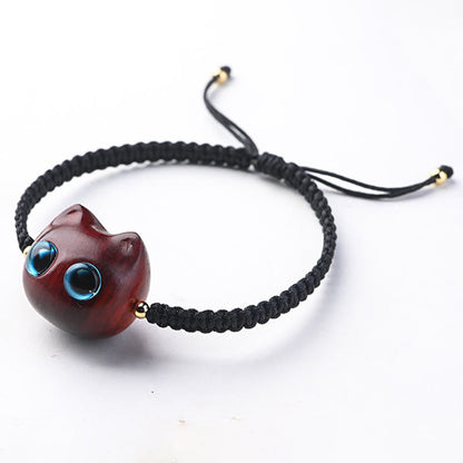 Mythstone Small Leaf Red Sandalwood Ebony Wood Cute Cat Head Calm Protection Braided Bracelet