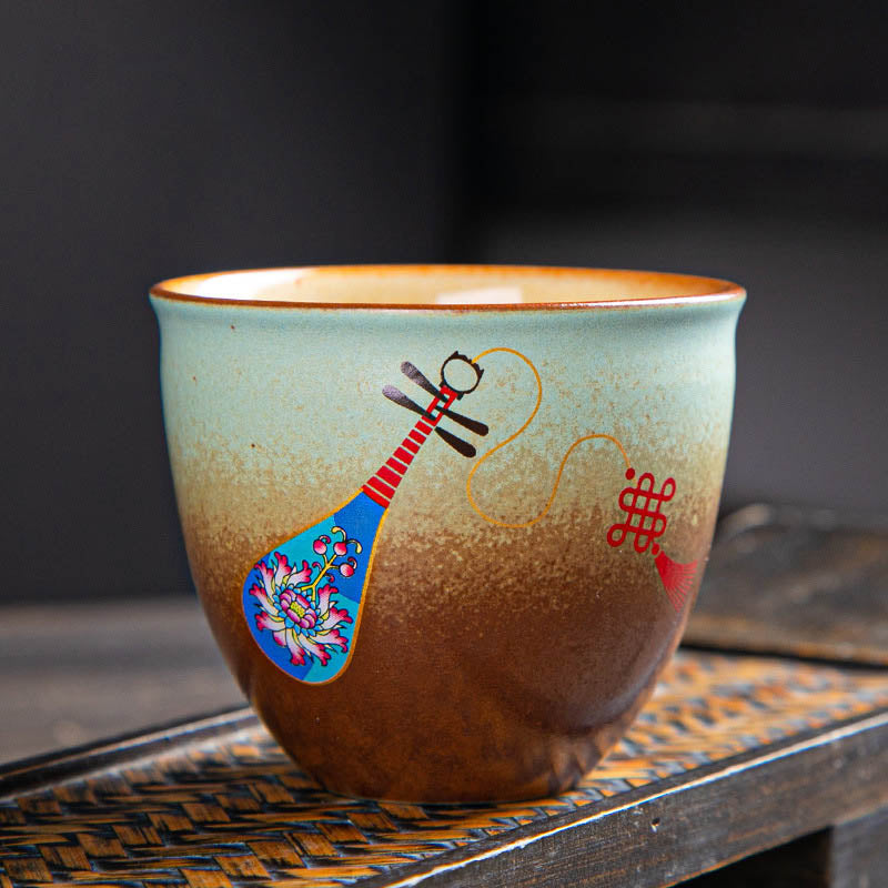 Mythstone Colorful Deer Pipa Snow Plum Blossoms Mountains Rivers Bird Ceramic Teacup Kung Fu Tea Cup Bowl