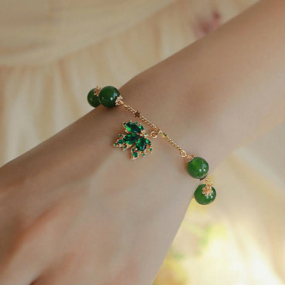 Mythstone 14k Gold Plated Green Chalcedony Maple Leaf Courage Strength Bracelet