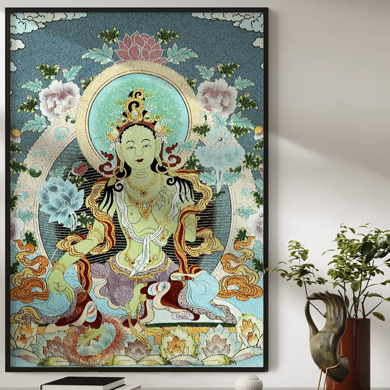 Mythstone Tibetan Silk Embroidery White Tara Thangka Tapestry Wall Hanging Wall Art Meditation for Home Decor