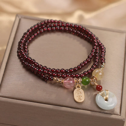 MythStone Natural Garnet Strawberry Quartz Crystal Fox Koi Fish Peace Buckle Fortune Protection Triple Wrap Bracelet