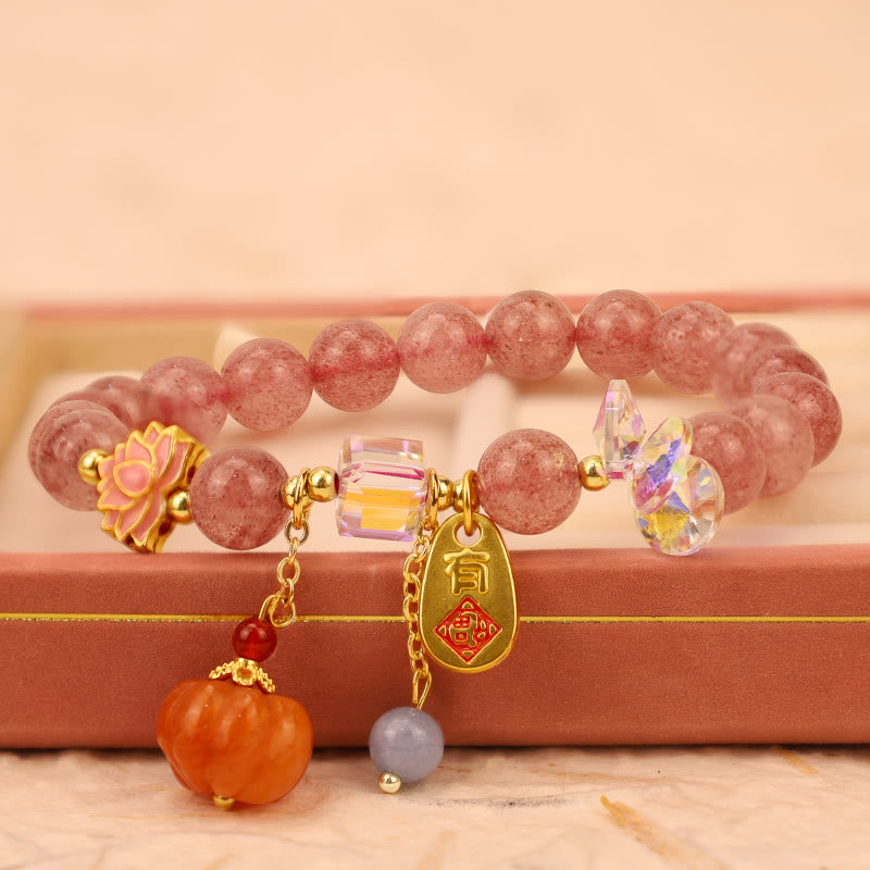 Mythstone Natural Strawberry Quartz Fu Character Pumpkin Charm Positive Bracelet