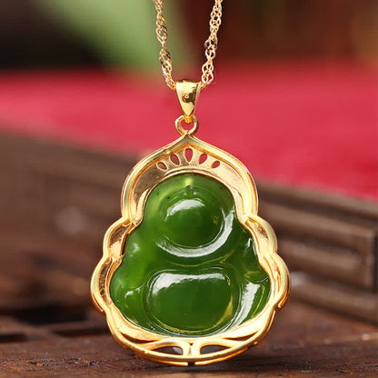 Mythstone 925 Sterling Silver Natural Hetian Cyan Jade Laughing Buddha 18K Gold Healing Necklace Chain Pendant