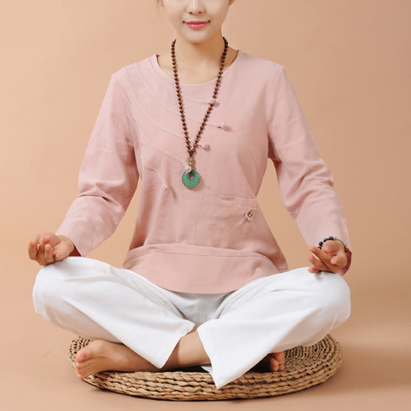 Mythstone 2Pcs Long Sleeve T-Shirt Tee Pants Meditation Zen Tai Chi Linen Clothing Women's Set