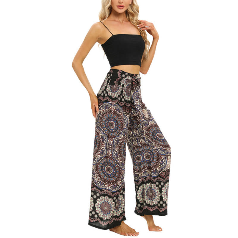 Mythstone Boho Mandala Print Lace-up Wide Leg Pants Women's Yoga Pants