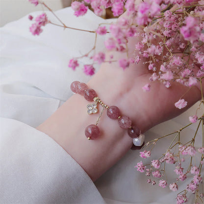 Mythstone Natural Strawberry Quartz Pearl Four Leaf Clover Love Bracelet