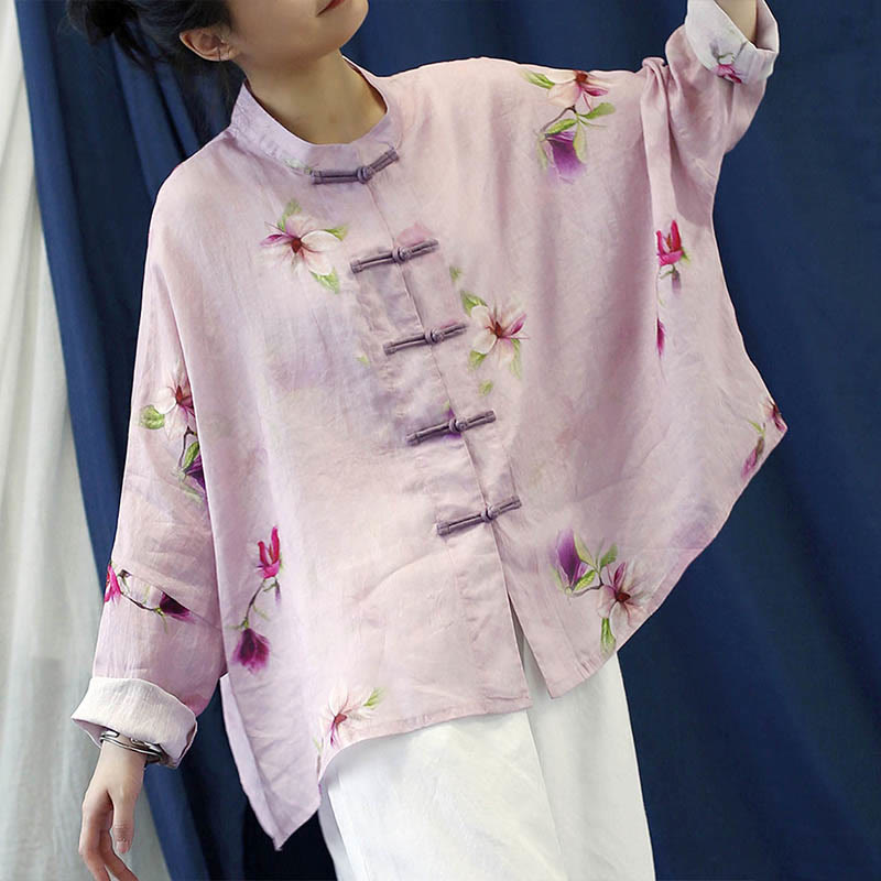 Mythstone Pink Flower Print Frog-button Design Batwing Long Sleeve Ramie Linen Jacket Shirt