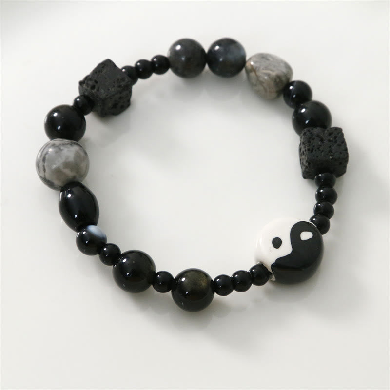 Mythstone Black Onyx Picasso Jasper Bead Yin Yang Fortune Protection Bracelet