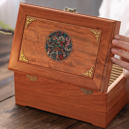 Mythstone Antique Handmade Rosewood Jewelry Storage Box Lockable Large Double Layer Flower Wooden Gift Organizer Box