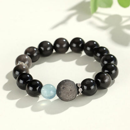 Mythstone Natural Silver Sheen Obsidian Cat Head Fox Planet Protection Bracelet