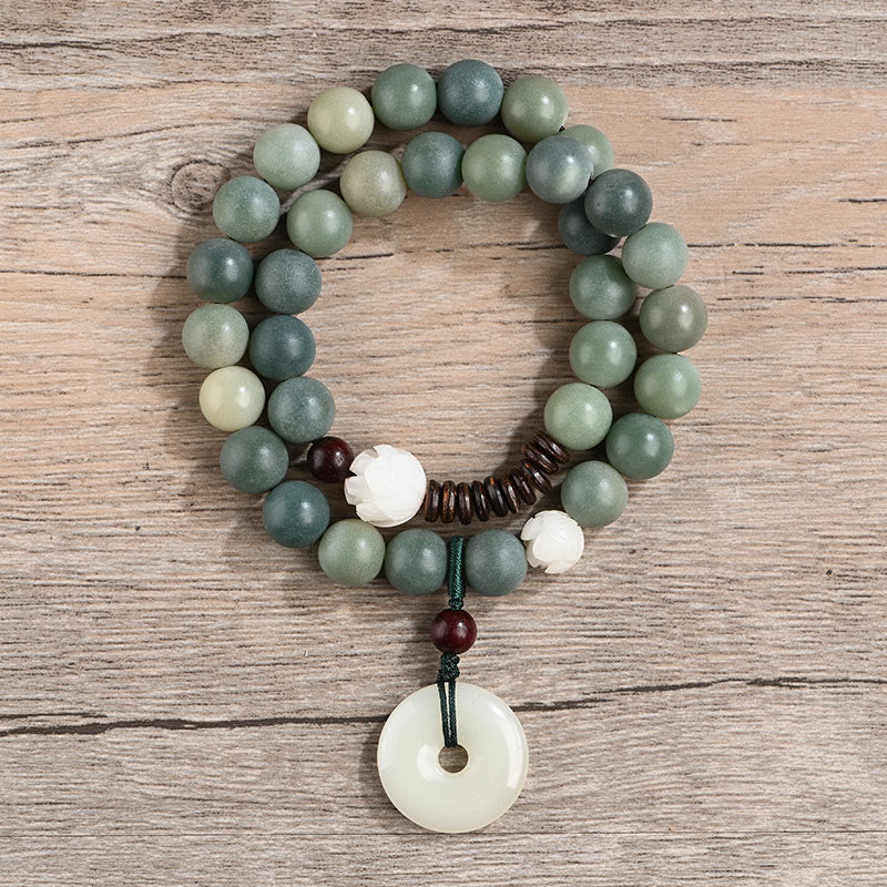 Pulsera de doble vuelta con hebilla de paz y sabiduría, semilla de bodhi, loto y jade cian