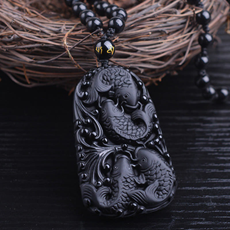 Mythstone Black Obsidian Koi Fish Engraved Strength Beaded Necklace Pendant