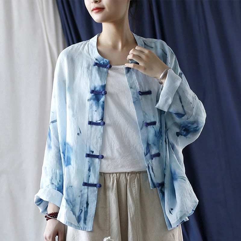 Mythstone Tie Dye Blue Flowers Frog-Button Design Long Sleeve Ramie Linen Jacket Shirt