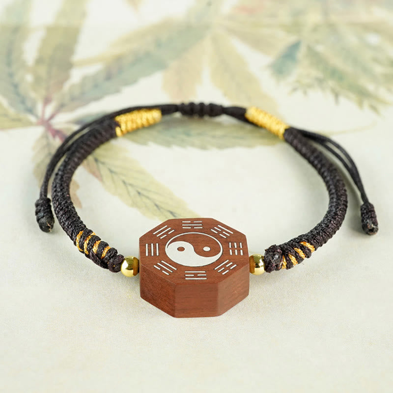 Mythstone Small Leaf Red Sandalwood Jujube Wood Ebony Wood Silver Inlaid Yin Yang Bagua Big Dipper Protection Bracelet