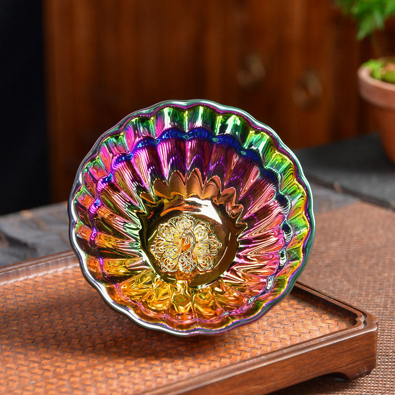 Mythstone Lotus Peacock Gold Inlaid Multicolored Chinese Jianzhan Ceramic Teacup Kung Fu Tea Cup