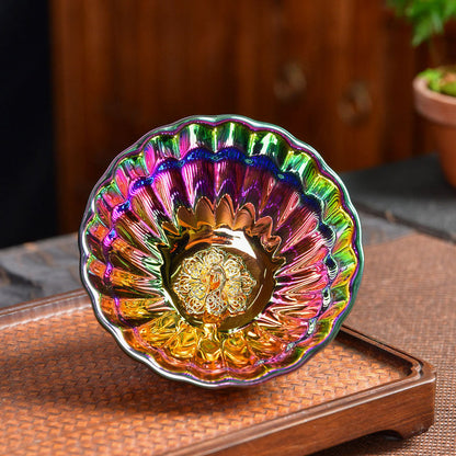 Mythstone Lotus Peacock Gold Inlaid Multicolored Chinese Jianzhan Ceramic Teacup Kung Fu Tea Cup