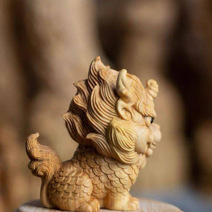 Mythstone Feng Shui Kirin Boxwood Wood Engraving Home Decoration