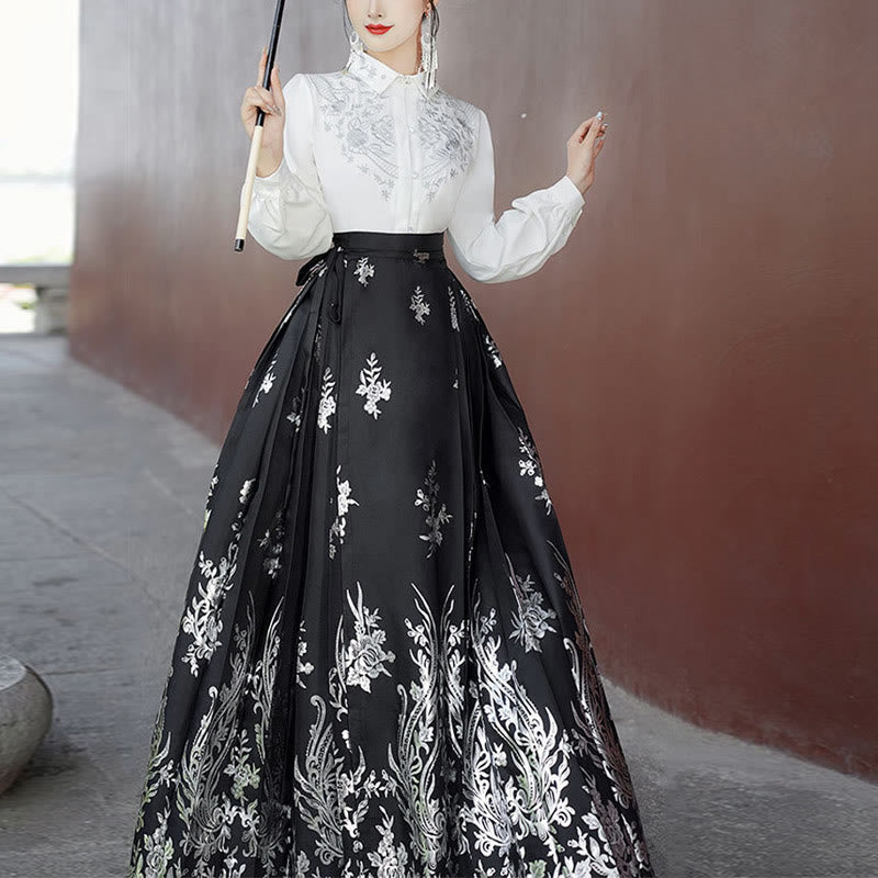 Mythstone Flowers Leaves Feathers Long Sleeve Shirt Top Chinese Hanfu Ming Dynasty Horse Face Skirt Mamianqun Skirt