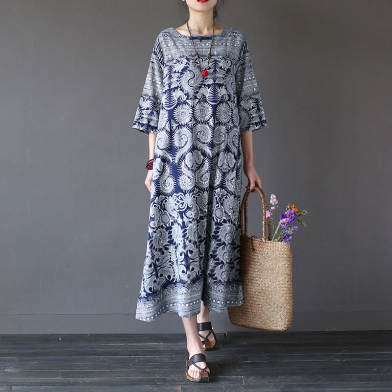 Mythstone Blue White Flower Printed Button Midi Dress Three Quarter Sleeve Cotton Linen Dress With Pockets