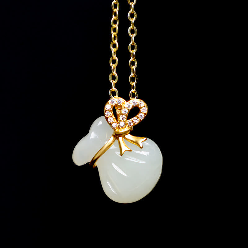 Mythstone Natural Hetian White Jade Luck Money Bag Necklace Pendant