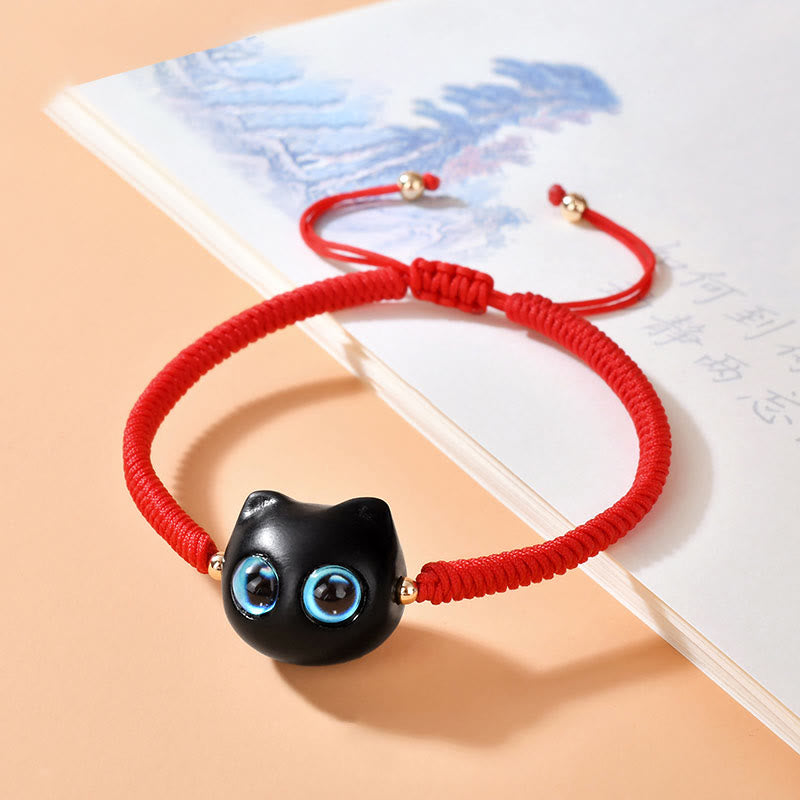 Mythstone Ebony Wood Cat Head Pattern Peace King Kong Knot Braided Bracelet