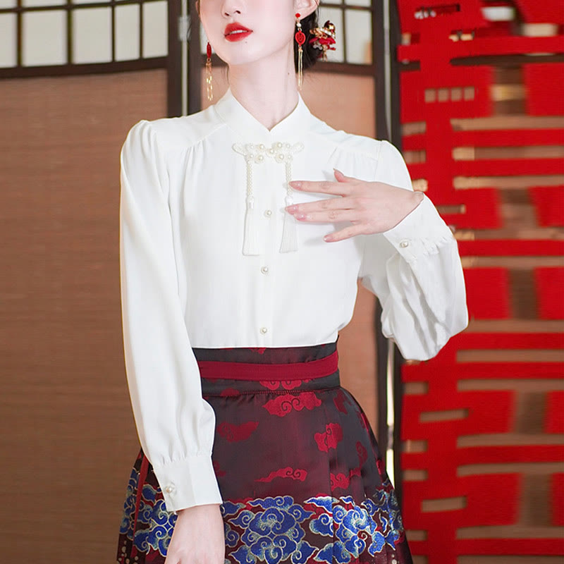 Mythstone Long Sleeve Shirt Top Chinese Hanfu Crane Blue Auspicious Clouds Horse Face Skirt Mamianqun