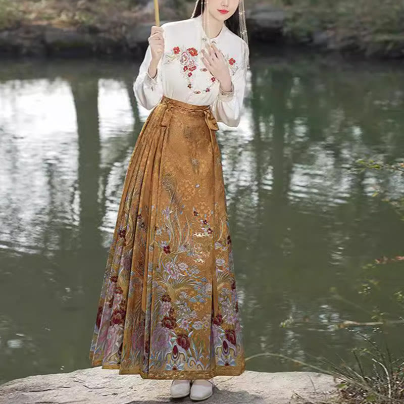 Mythstone Golden Flower Phoenix Embroidery Long Sleeve Shirt Top Chinese Hanfu Ming Dynasty Horse Face Skirt Mamianqun Skirt