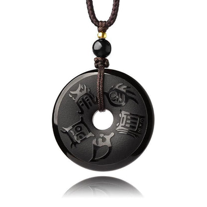 Mythstone Black Obsidian Taoism Five Sacred Mountains Carved Strength Peace Buckle Necklace Pendant Key Chain Phone Hanging Decoration