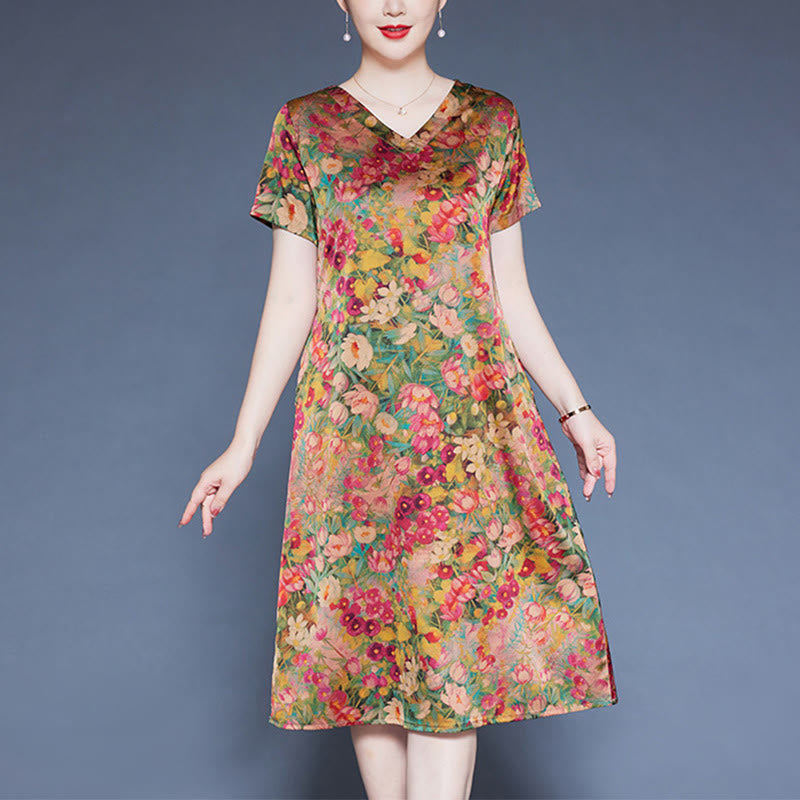 Mythstone V-Neck Green Red Peony Colorful Flowers Short Sleeve Midi Dress With Pockets