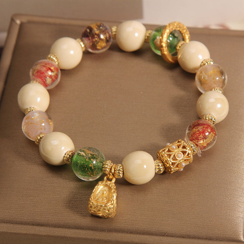 MythStone Tibetan Multicolored Liuli Glass Bead Buddha Lotus Charm Enlightenment Bracelet