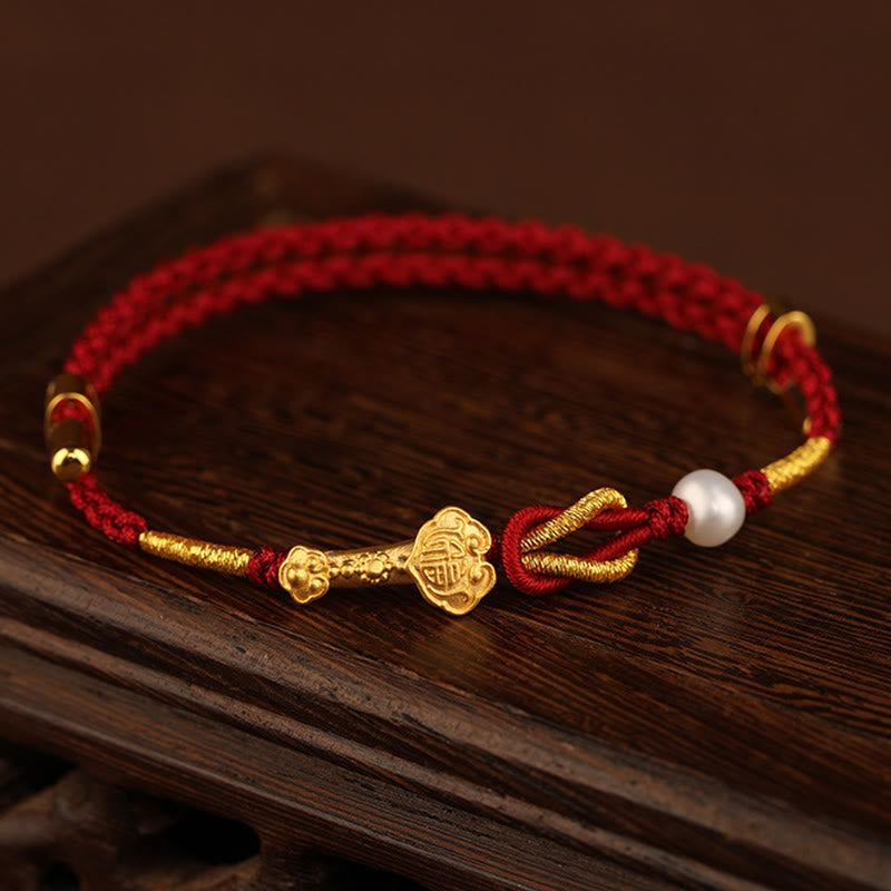 Mythstone 24K Gold Wish Ruyi Handle Fu Character Rabbit Pearl Luck Braided Bracelet