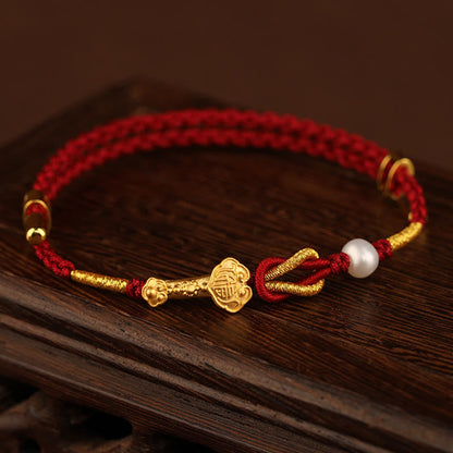 Mythstone 24K Gold Wish Ruyi Handle Fu Character Rabbit Pearl Luck Braided Bracelet