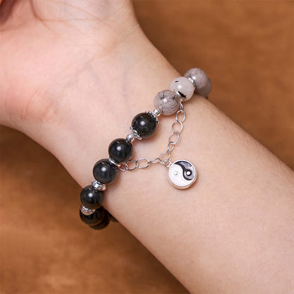 Mythstone Silver Sheen Obsidian Crackle Clear Quartz Black Rutilated Quartz Yin Yang Lotus Protection Bracelet