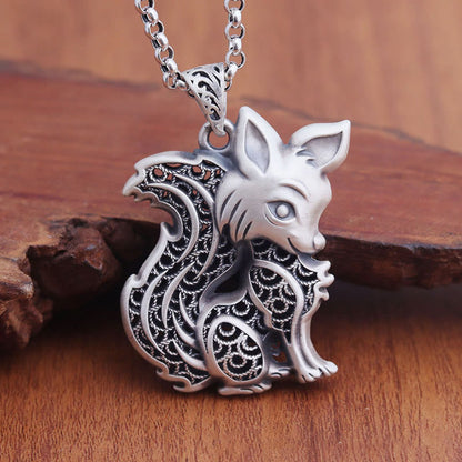 Mythstone Tibet 999 Sterling Silver Fox Pattern Two-sided Blessing Necklace