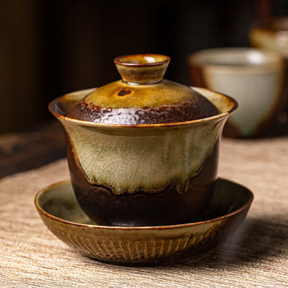 Mythstone Vintage Brown Kiln Change Design Porcelain Ceramic Gaiwan Sancai Teacup Kung Fu Tea Cup And Saucer With Lid