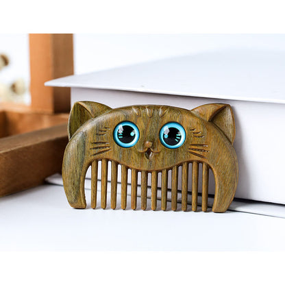 Mythstone Simple Cat Pattern Green Sandalwood Cure Portable Comb