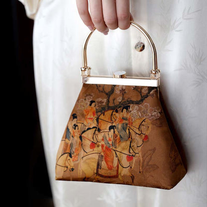 Mythstone Painting of Lady of Guoguo on a Spring Outing Metal Handle Handbag