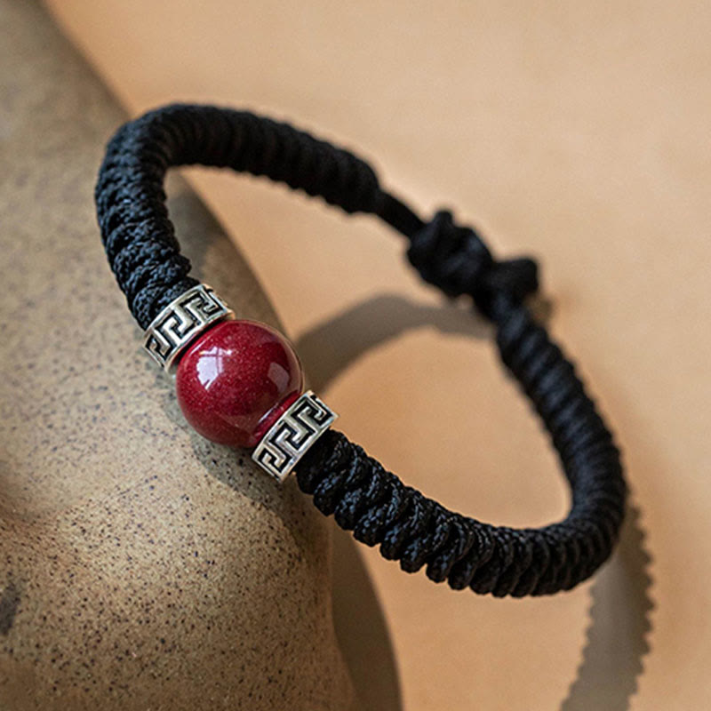 Mythstone 925 Sterling Silver Natural Cinnabar Bead Calm Handmade Braided String Bracelet