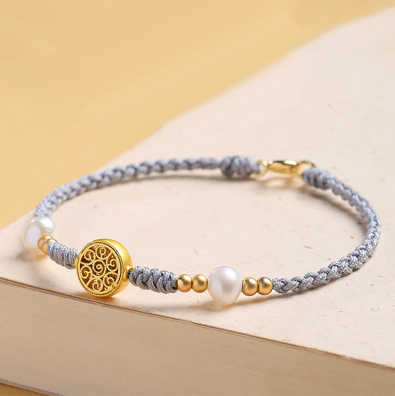 Pulsera trenzada con cuerda azul y perla de la suerte y árbol de la fortuna con monedas de cobre de Mythstone 