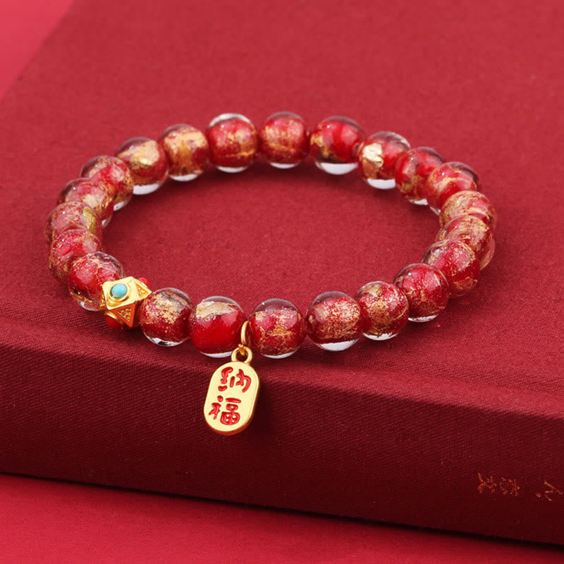 Mythstone Tibetan Incense Ash Liuli Glass Bead Lucky Fortune Fu Character Charm Bracelet