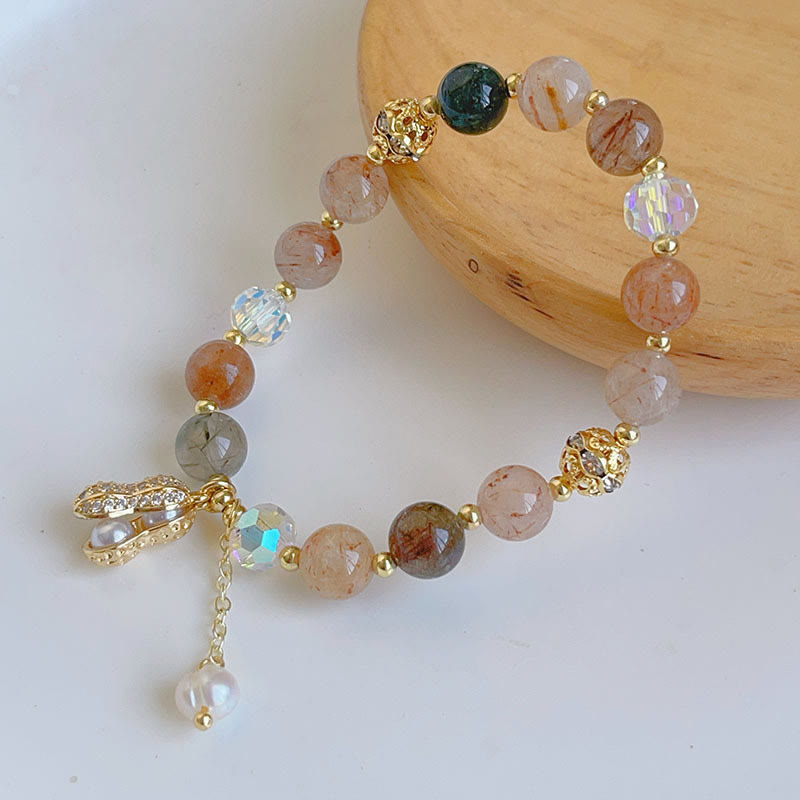 Pulsera con dijes de maní y cuarzo rutilado de colores Mythstone Sun Stone 