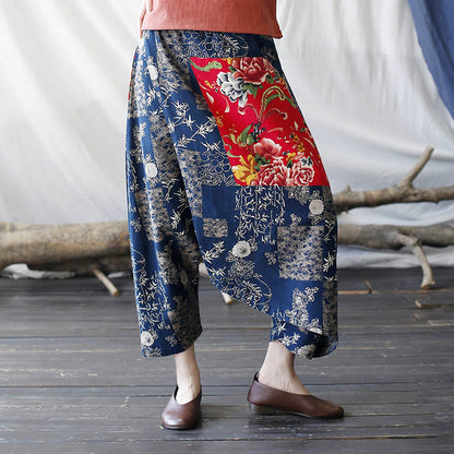 Pantalones harén de lino y algodón con bolsillos, diseño de peonías rojas, bambú azul y crisantemo, patchwork 