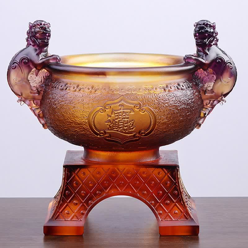 Mythstone Handmade Liuli Crystal PiXiu Treasure Bowl Art Piece Home Decoration