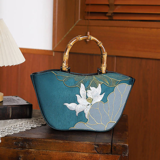 Mythstone Lotus Embroidery Bamboo Handle Handbag