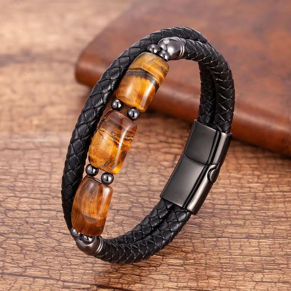 Mythstone Natural Tiger Eye Protection Willpower Magnetic Buckle Leather Bracelet